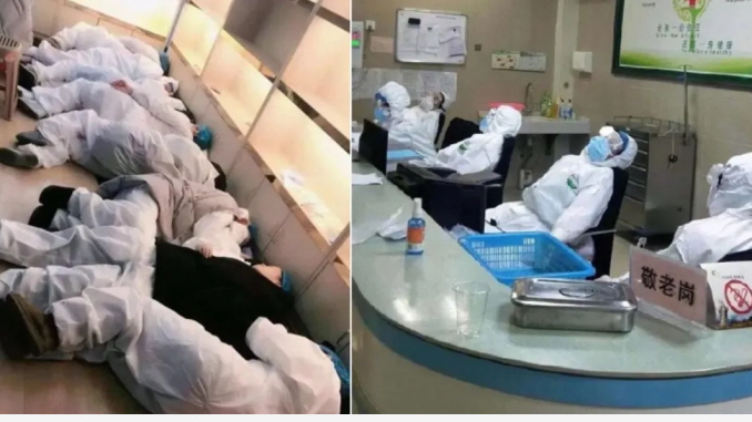 Exhausted medical staff in Wuhan have quick rest on hospital floor & chairs