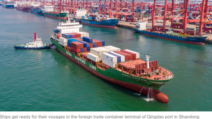Ships get ready for their voyages in the foreign trade container terminal of Qingdao port in Shandong province
