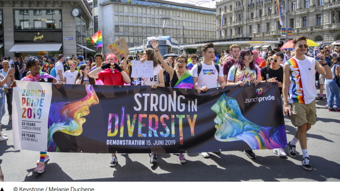 Zurich 25th Pride Parade Rainbow road signs and a renamed bridge